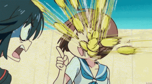 a girl in a sailor suit is pointing at another girl 's face with a yellow object coming out of it .