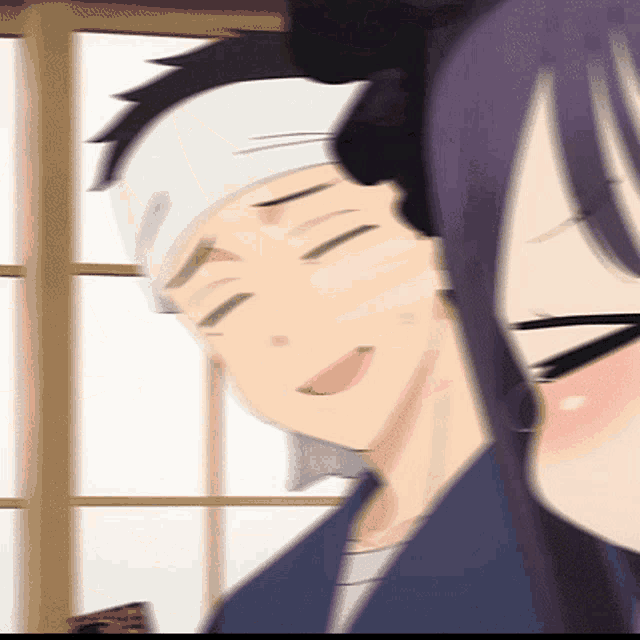 a man with a bandana on his head is smiling next to a woman with long purple hair