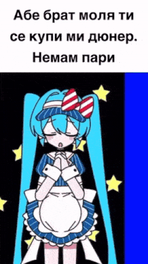 a cartoon of a girl with blue hair and a red white and blue bow in her hair