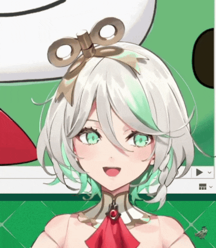 a girl with white hair and green eyes is wearing a red bow on her head