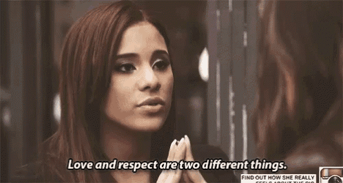 a woman is looking at herself in a mirror with the words love and respect are two different things