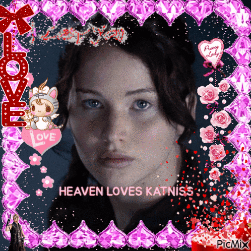 a picture of a girl with the words heaven loves katniss on the bottom