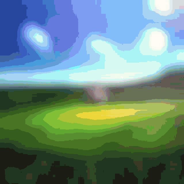 a painting of a field with a blue sky and clouds