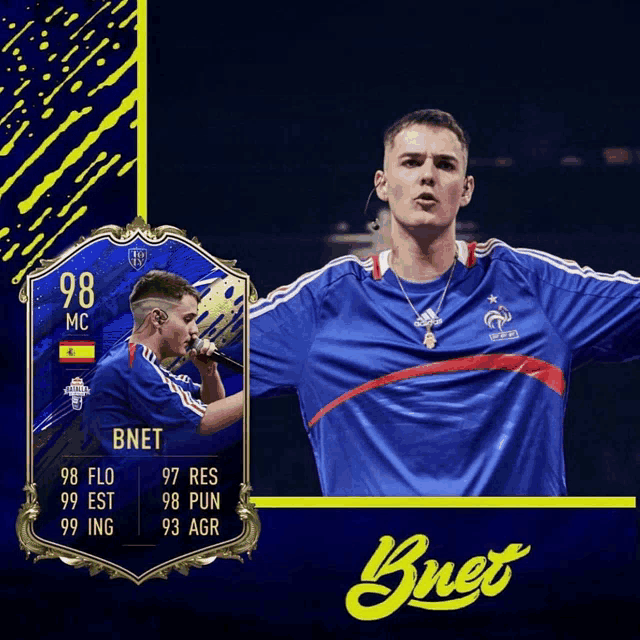 a card for bnet has a picture of a man in a blue jersey
