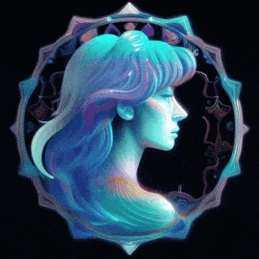 a painting of a woman 's face with blue hair