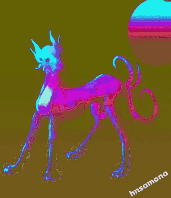 a painting of a dog with the name hnsamona on the bottom right