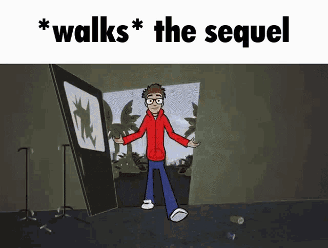a cartoon of a man standing in front of a door that says " walks " on it