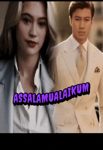 a man in a suit and tie stands next to a woman with the words assalamualaikum written above them