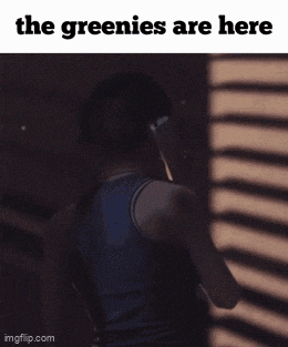 a picture of a woman with the words the greenies are here below her