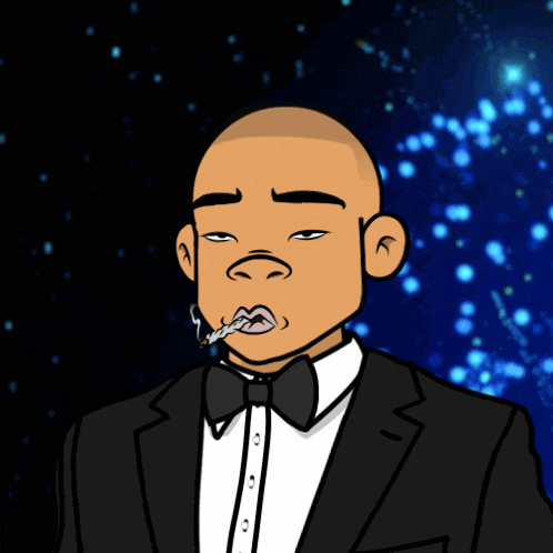 a man in a tuxedo smoking a cigarette and holding a glass of water