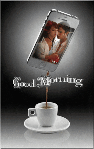 a phone with a picture of a man and woman on it is pouring coffee into a cup with the words good morning below it
