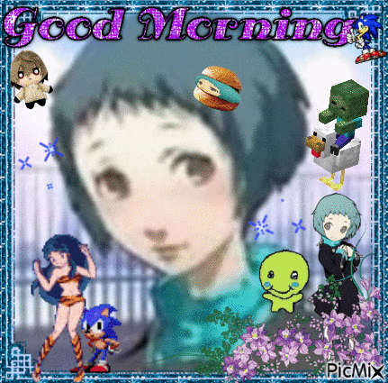 a picture of a girl surrounded by cartoon characters with the words good morning