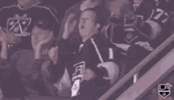 a group of people are sitting in a stadium watching a hockey game and one of them is wearing a la jersey .