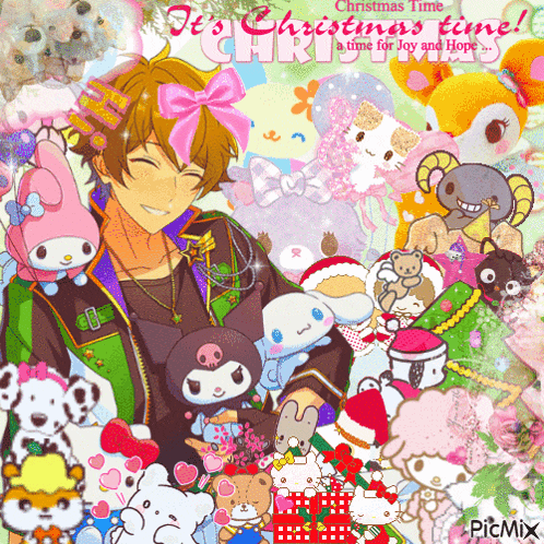 a picture of a boy surrounded by stuffed animals with the words it 's christmas time written above him