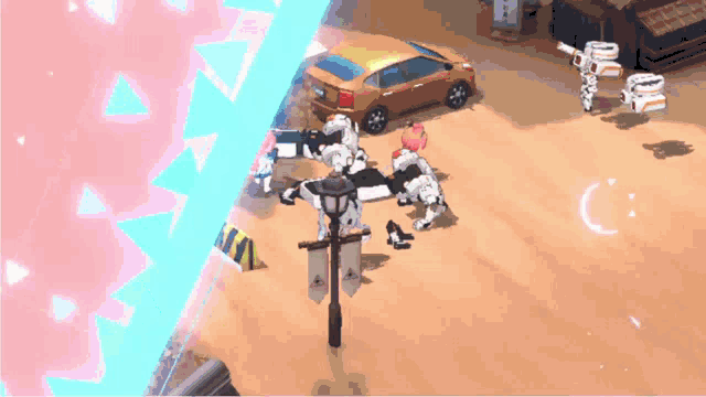 a video game scene with a car and soldiers