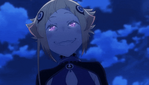 a girl with pink eyes and a circle on her head