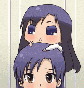 a cartoon girl with long purple hair is sitting on another girl 's head