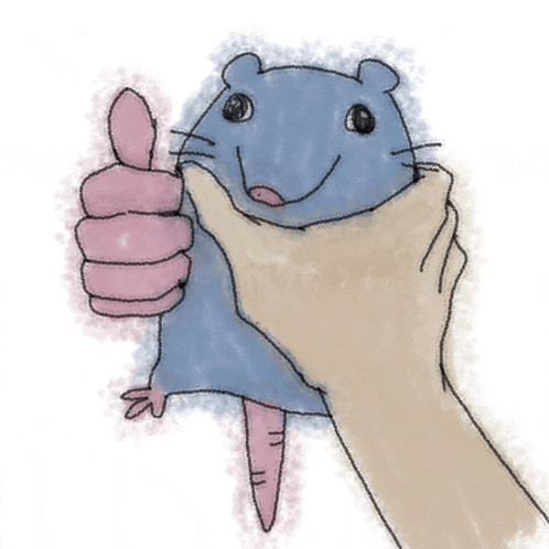 a drawing of a person holding a blue rat with a pink thumb up