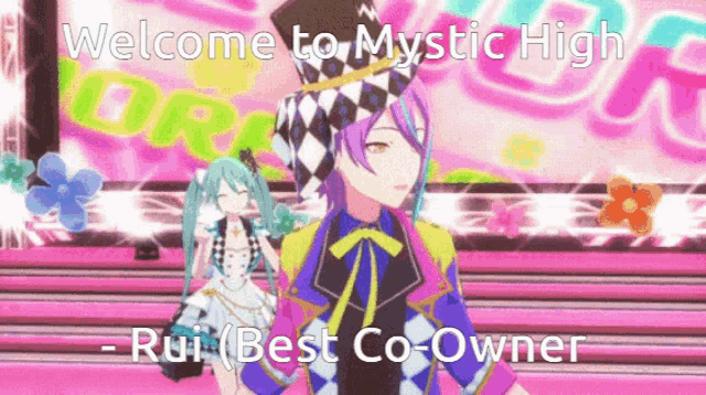 a colorful anime character with the words welcome to mystic high rui best co-owner