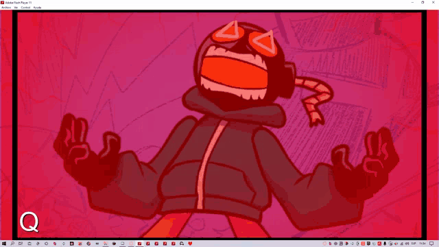 a computer screen shows a cartoon character with a red background and the letter q in the corner