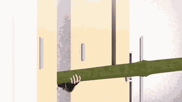 a anime girl is standing in a doorway holding a green stick .