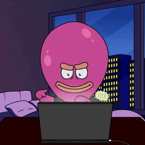 a pink cartoon character is sitting in front of a laptop with a sticker that says ask