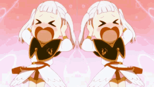 two anime girls are standing next to each other with their mouth open