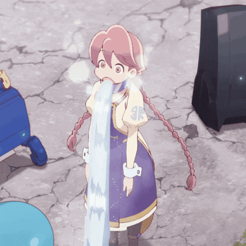 a girl with pink hair is drinking water from a hose