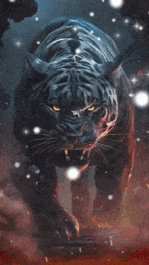 a painting of a tiger behind a broken glass with the word kathi written above it