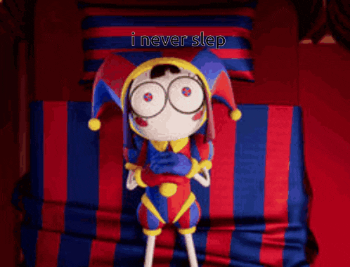 a jester doll is laying on a bed with the words " i never slep " written on the bottom