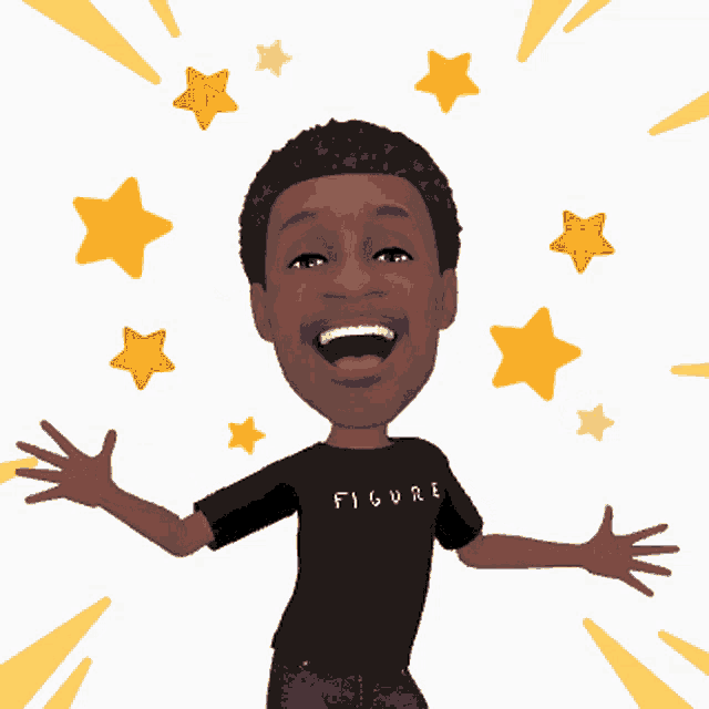 a cartoon of a man wearing a black figure shirt with his arms outstretched