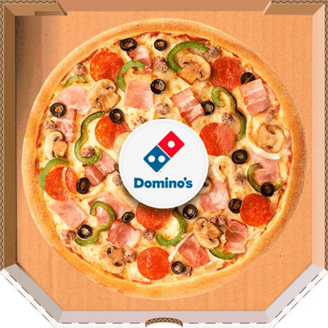 a pizza in a box with a domino 's logo on top