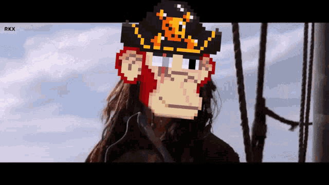 a pixel art of a monkey wearing a pirate hat with a skull on it