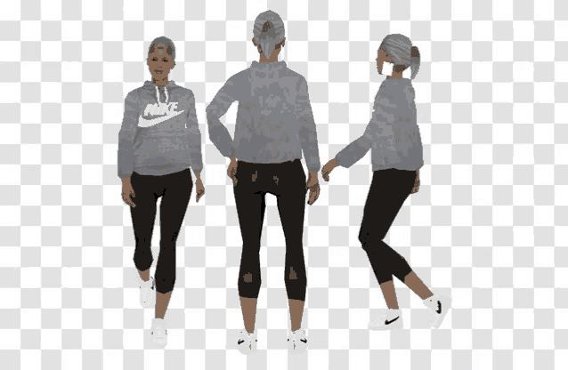 a 3d model of a woman wearing a grey nike hoodie