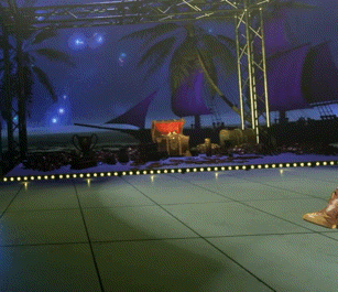 a man in a pirate costume stands in front of a stage