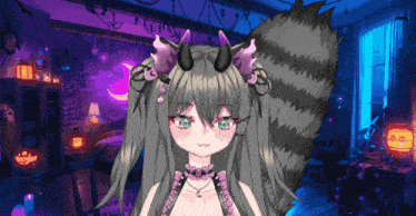 a girl with horns and a raccoon tail is in a room with pumpkins