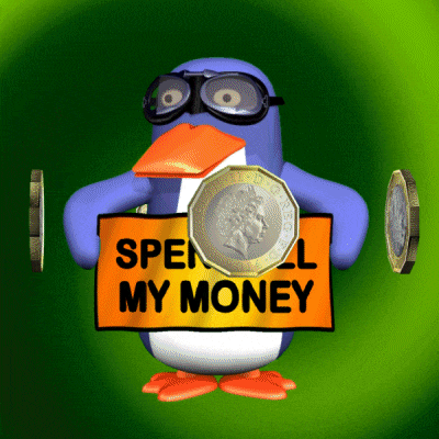 a blue penguin is holding a sign that says " spell my money "