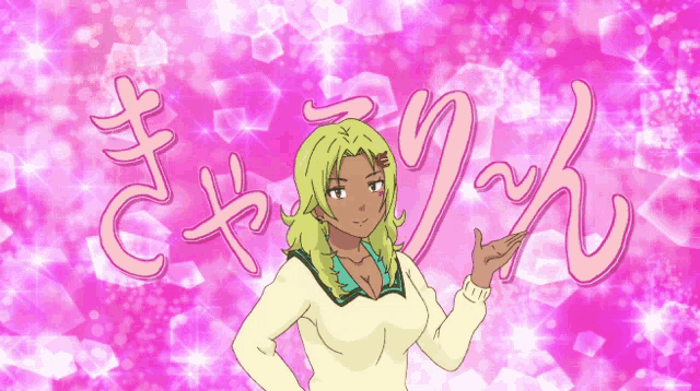 a girl with green hair is standing in front of a pink background that says ' a ' on it