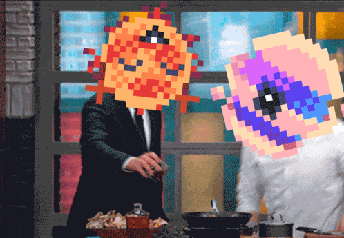 a man in a suit is standing next to another man with a pixelated face on his face