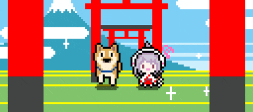 a pixel art of a girl and a dog in front of a red gate