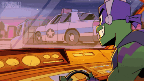 a cartoon of a turtle driving a police car with a star on the top