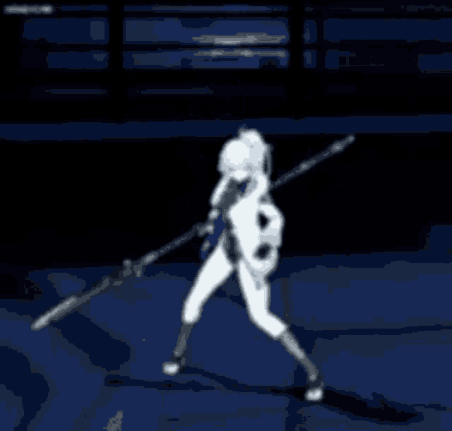 a girl in a white dress is holding a sword in her hand