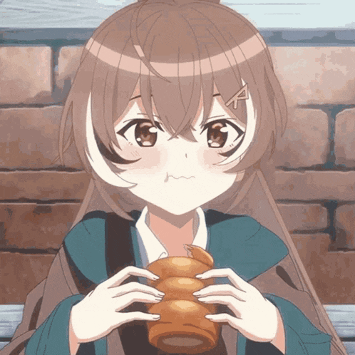 a girl with brown hair and a ponytail is eating a loaf of bread