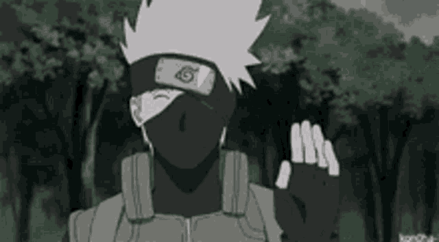 kakashi hatake from naruto is wearing a mask and a headband and waving his hand .