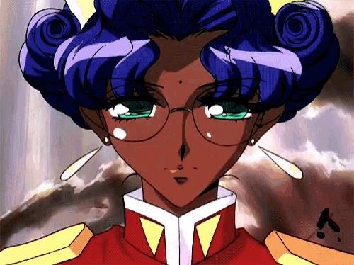 a cartoon drawing of a woman with blue hair and green eyes