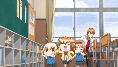 a man sits on a chair in a classroom while two girls scream