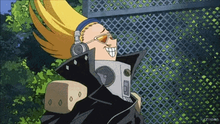 a cartoon character wearing headphones and sunglasses is standing next to a fence .