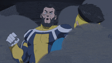 a cartoon of a man in a blue and yellow superhero suit