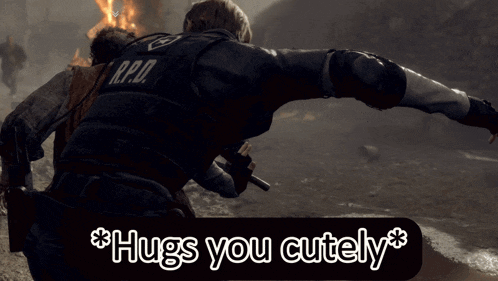 a man in a r.p.d. vest is holding another man in a video game