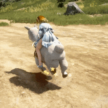 a person is riding a stuffed animal on a dirt road in a video game .